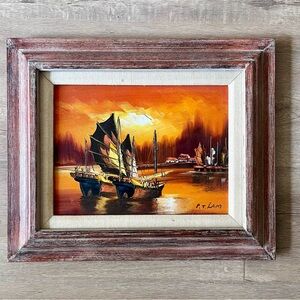 Vintage Framed Oil Painting on Canvas Sailboats‎ Signed By P. T. Lam 17.5”x14.5”